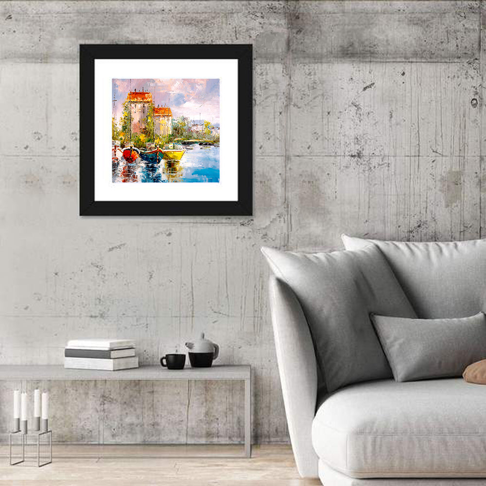 Impressionist Harbor with Colorful Boats Wall Art in a room, square