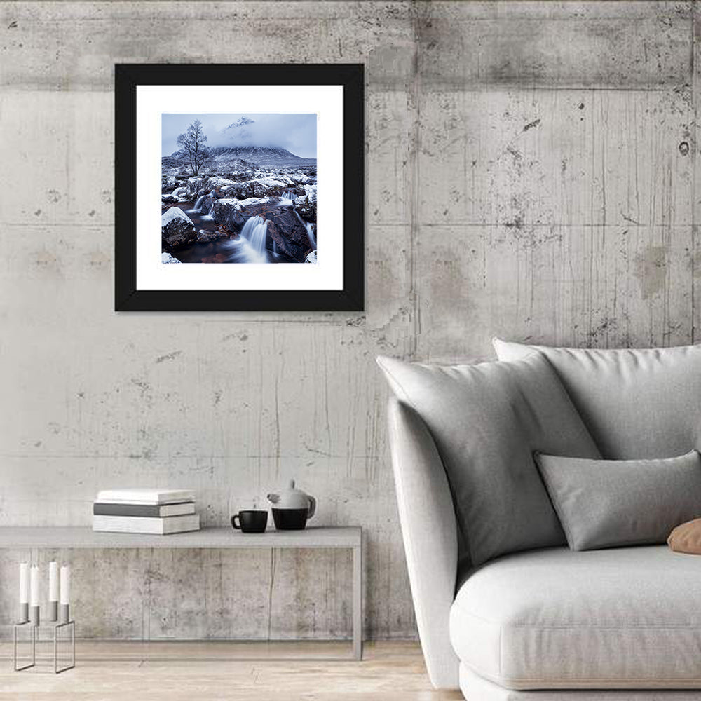 Buachaille Etive Mor Winter Mountain Wall Art in a room, square