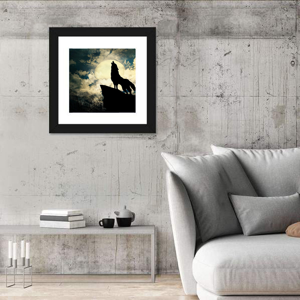 Howling Wolf Silhouette Against Full Moon Wall Art in a room, square