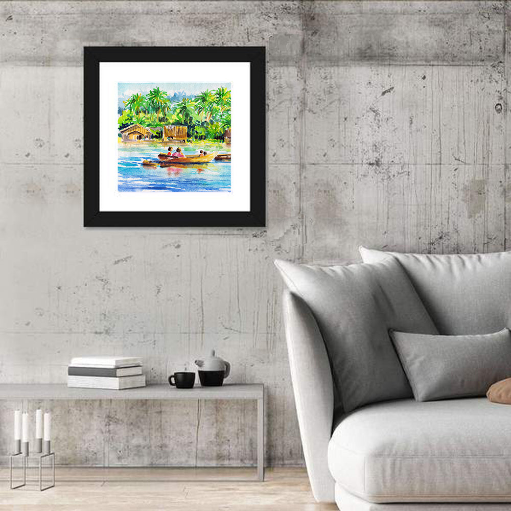 Boat in Tropical Village Wall Art in a room, square