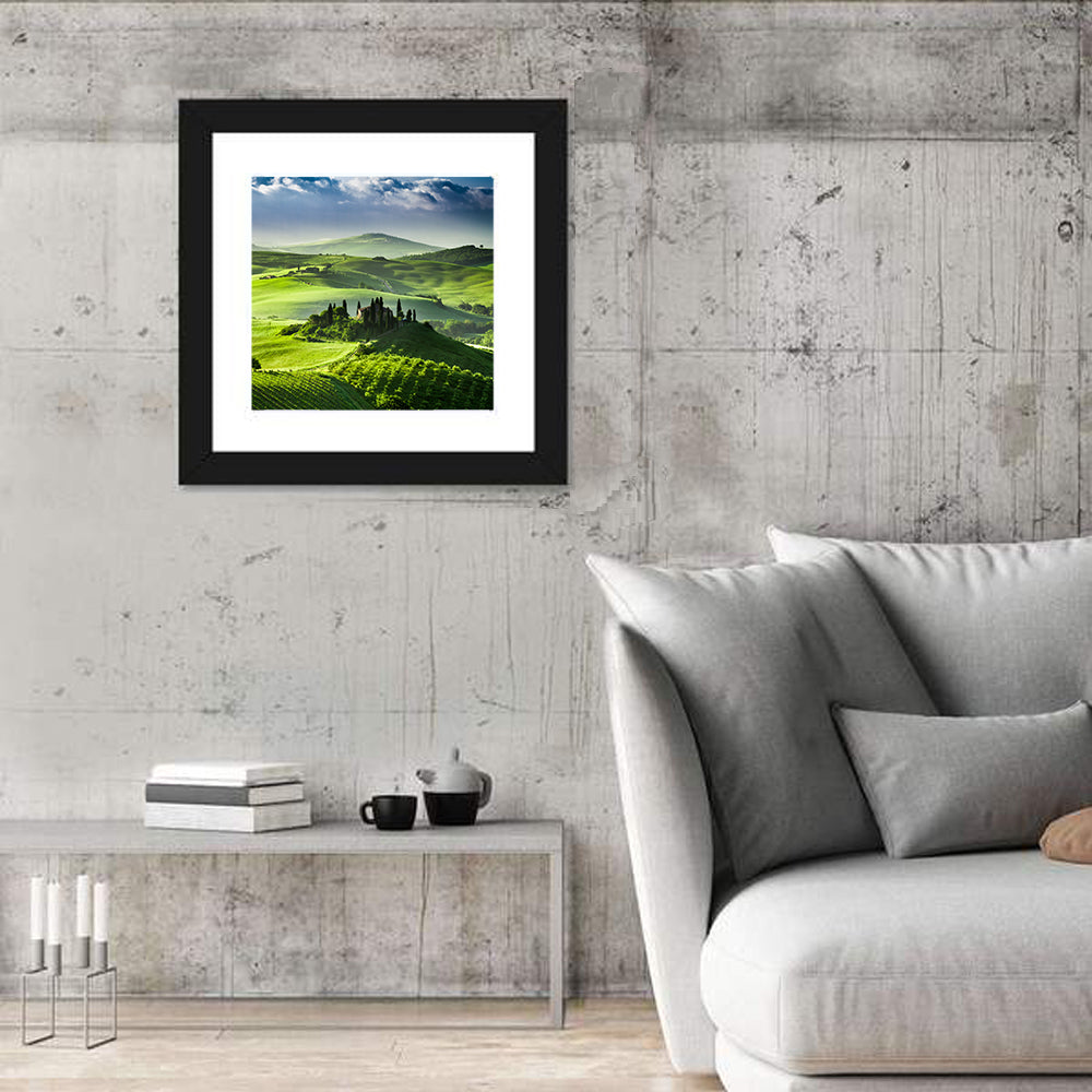 Sunrise Over San Quirico D Orcia Valley Wall Art in a room, square