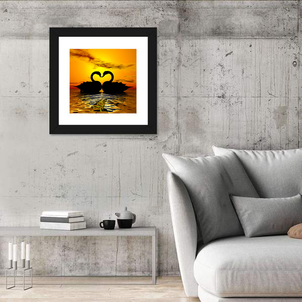 Swans Forming Heart at Sunset Wall Art