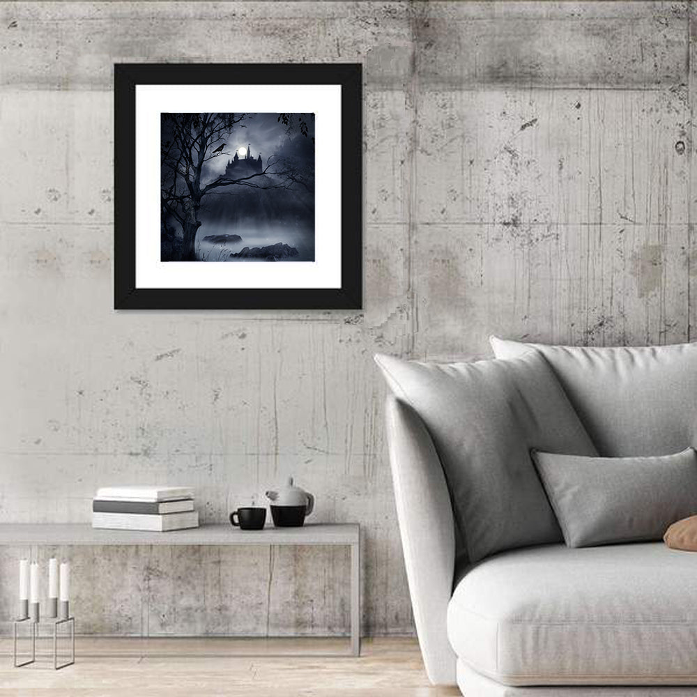 Moonlit Castle Over a Swamp Wall Art in a room, square