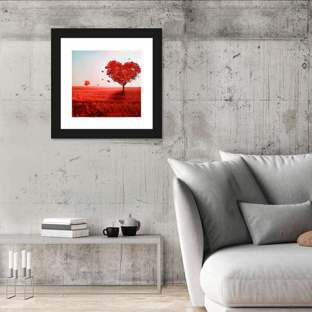 Heart-shaped Tree in Red Field Wall Art in a room, square