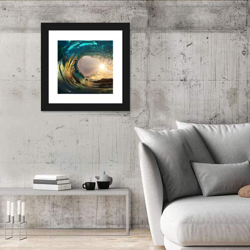 Sunset Barrel Wave Wall Art in a room, square