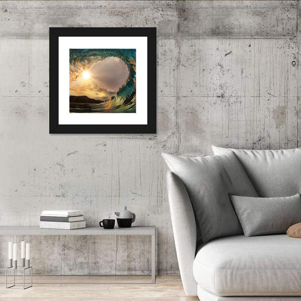 Surfing Barrel at Sunset Wall Art in a room, square