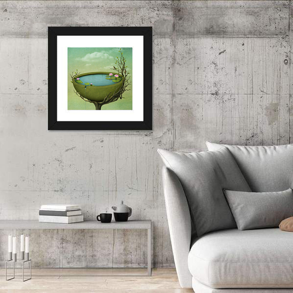 Surreal Tree Basin with Water Lilies Wall Art in a room, square