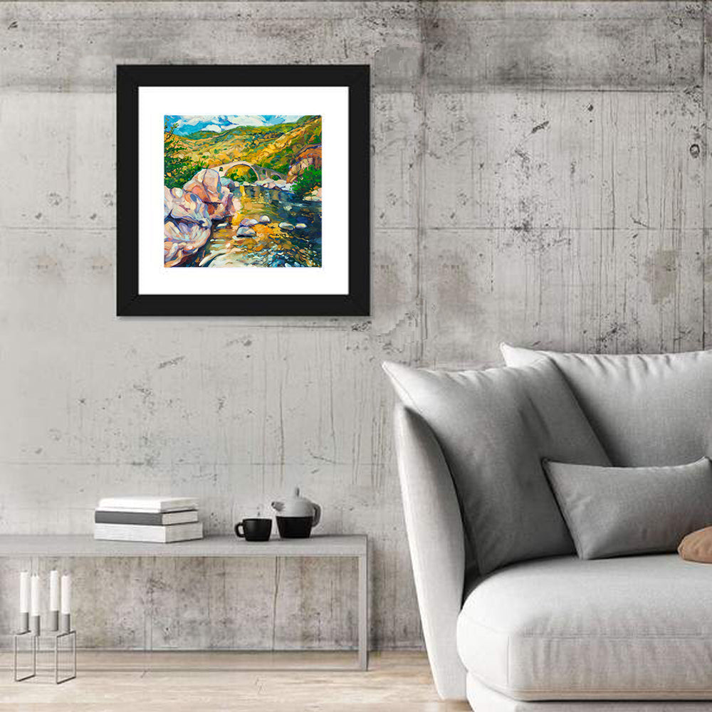 Arched Stone Bridge in Mountain River Wall Art