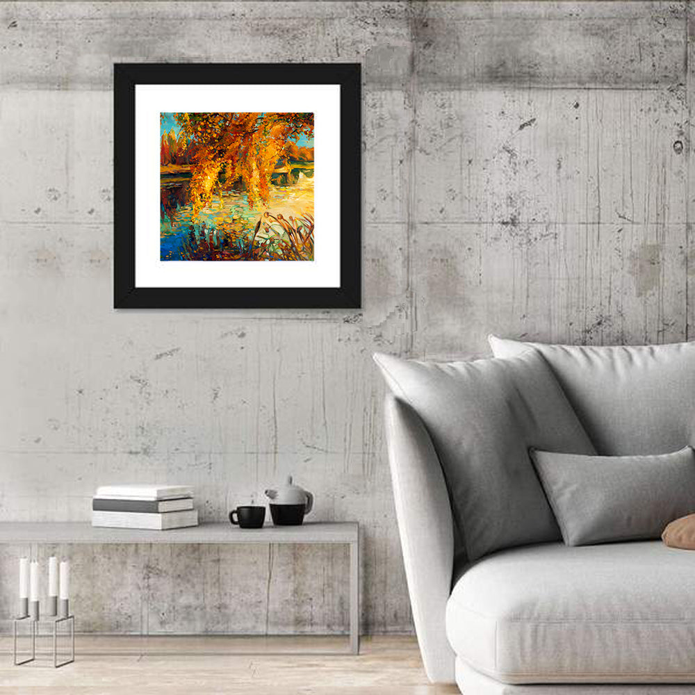 Autumn Lake with Weeping Willow Wall Art in a room, square