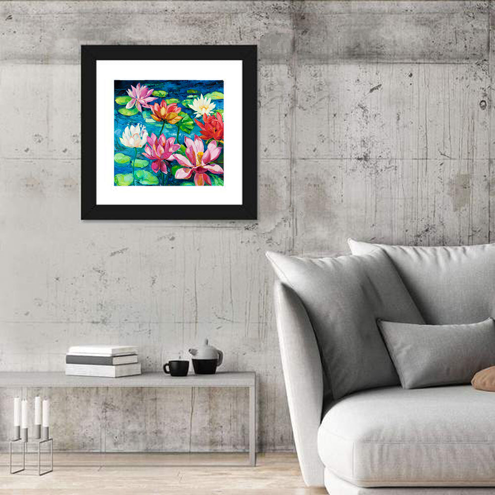 Overhead Lotus Pond Painting Wall Art in a room, square