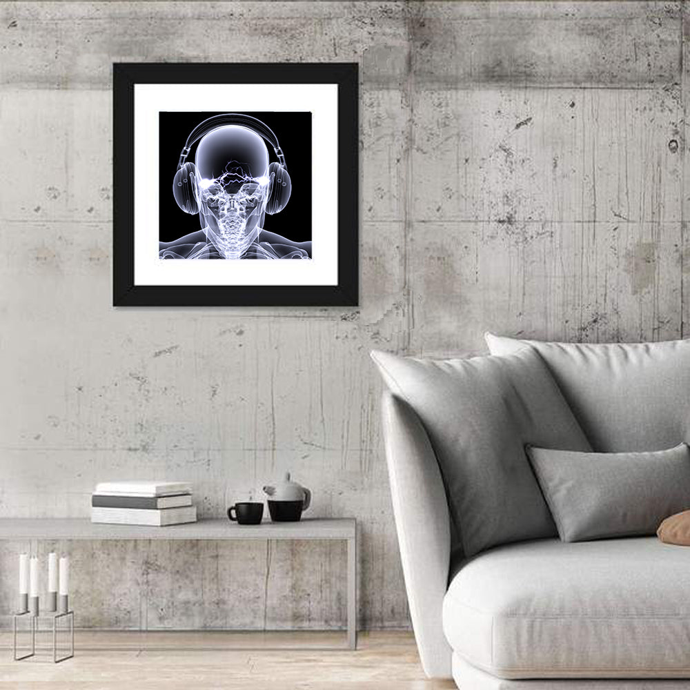 X-ray Skull with Headphones Wall Art in a room, square