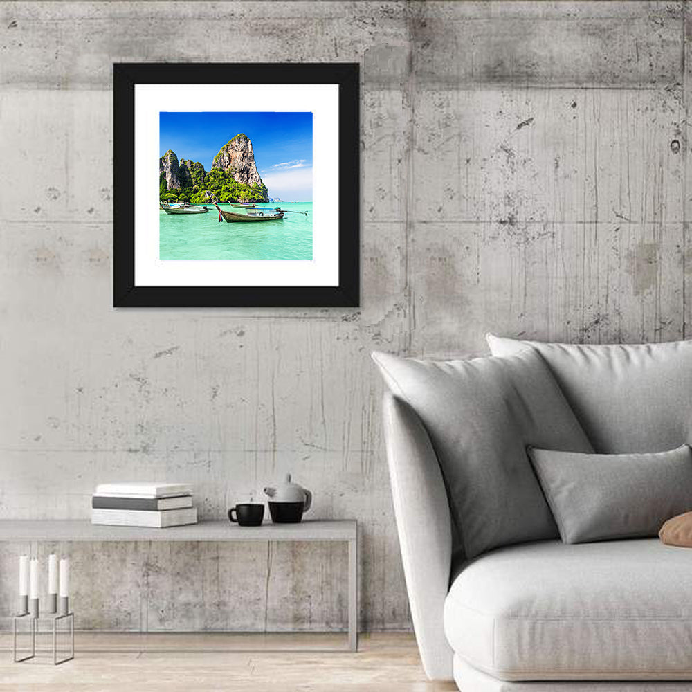 Railay Beach Long-tail Boats Wall Art in a room, square