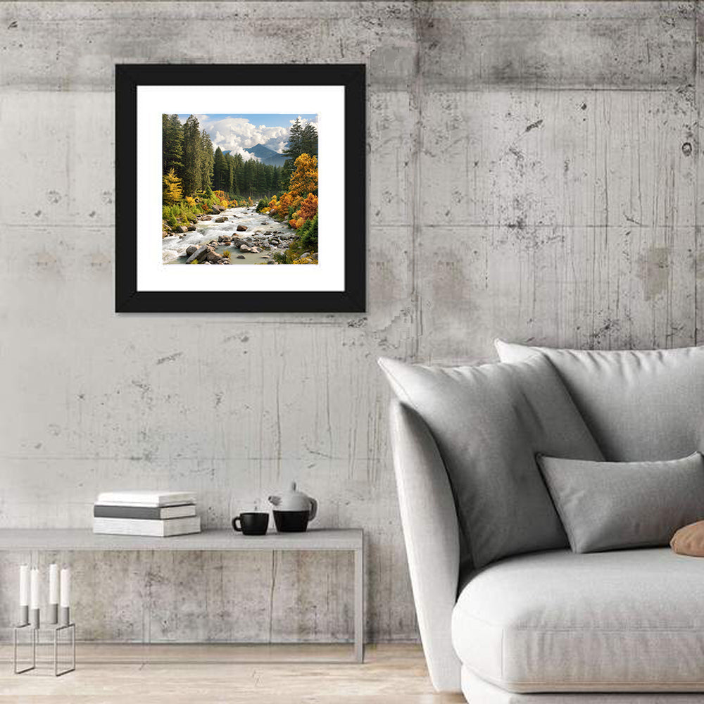 Autumn Mountain Stream with Rapids Wall Art in a room, square