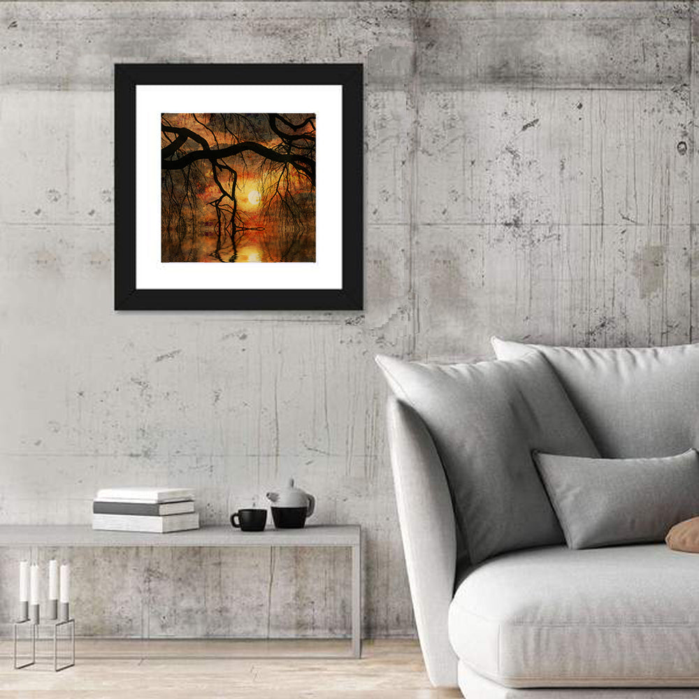 Lake Tree Silhouette at Golden Sunset Wall Art