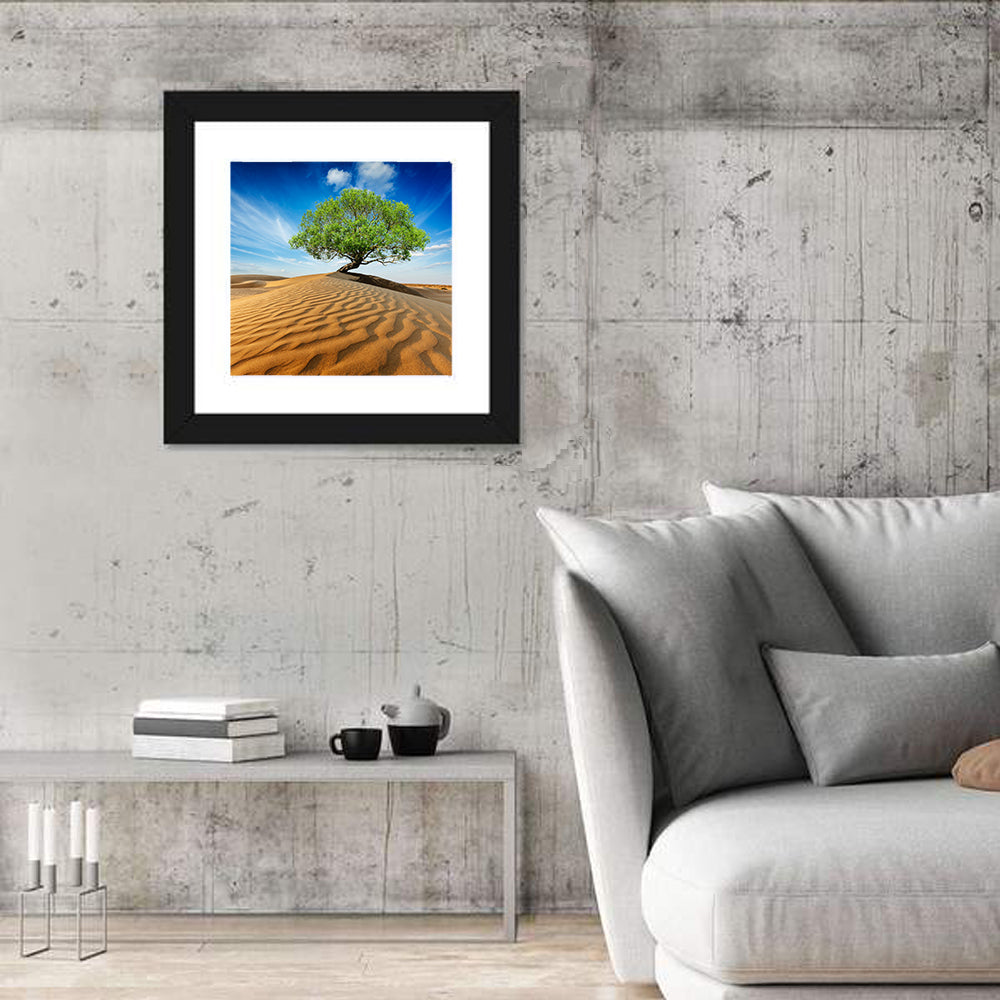 Solitary Green Tree on Sand Dune Wall Art in a room, square