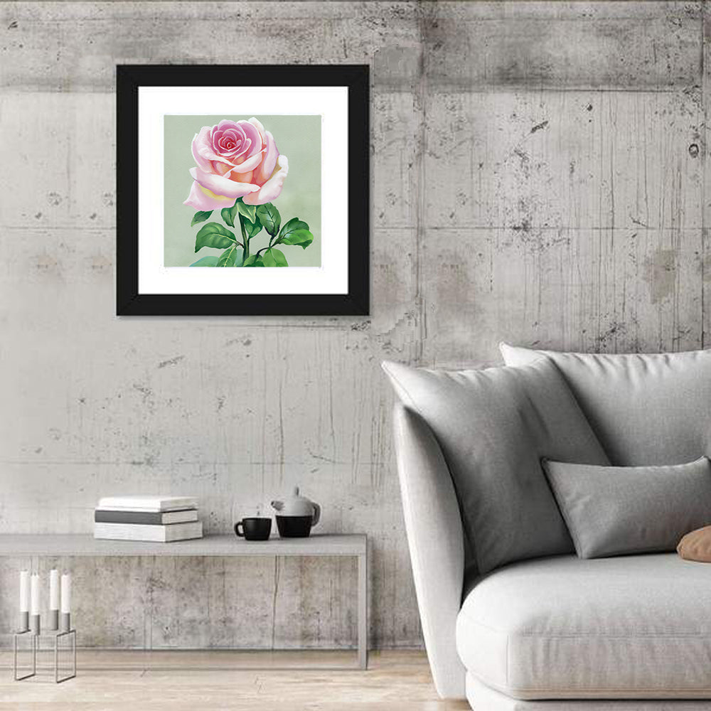 Pink Watercolor Rose Wall Art in a room, square