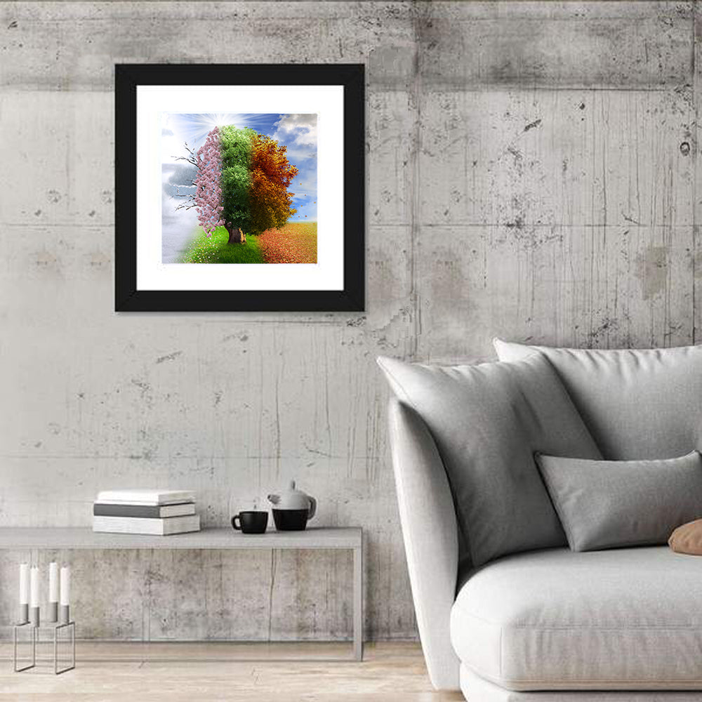 Tree Through Four Seasons Wall Art in a room, square