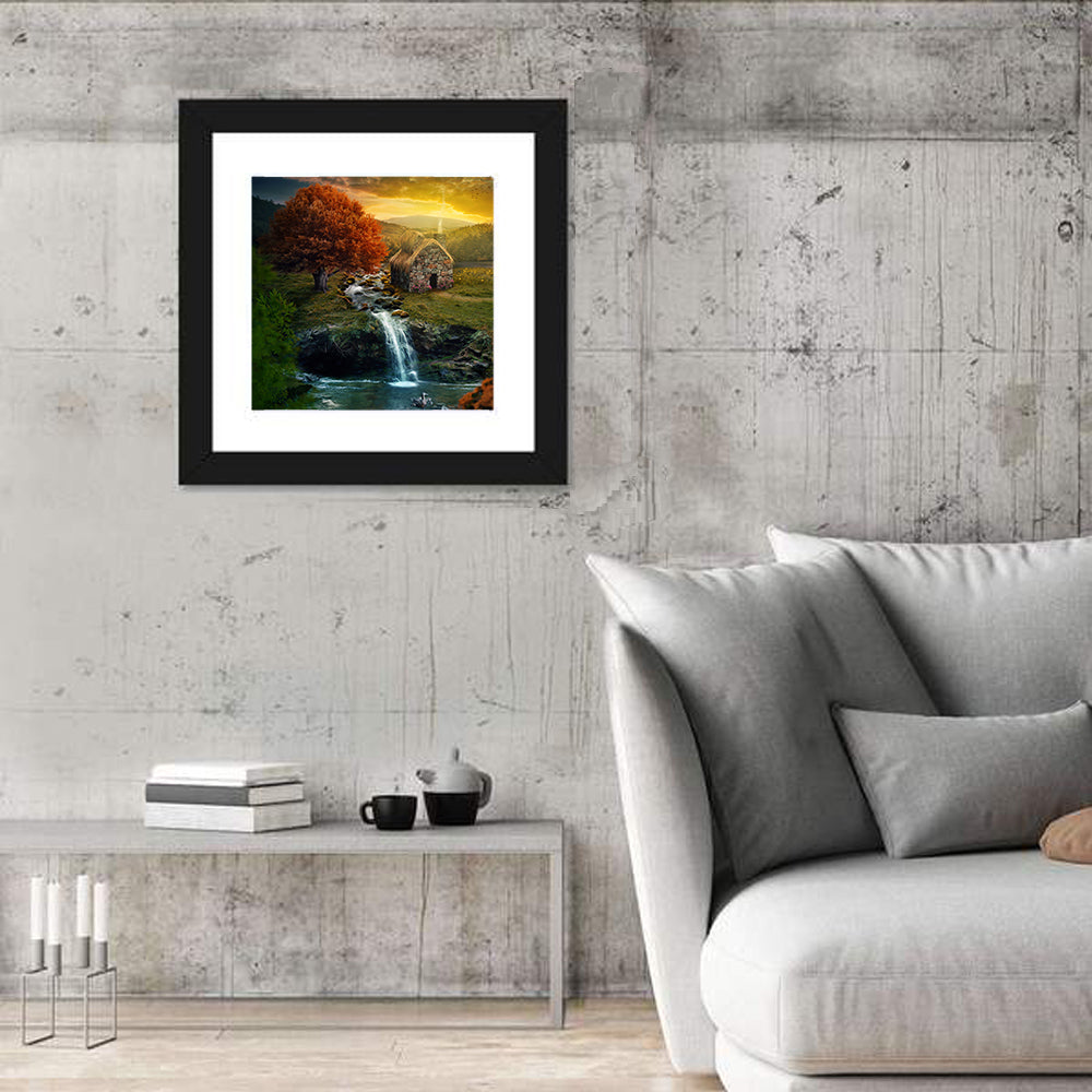 Thatched Cottage by Mountain Stream Wall Art in a room, square