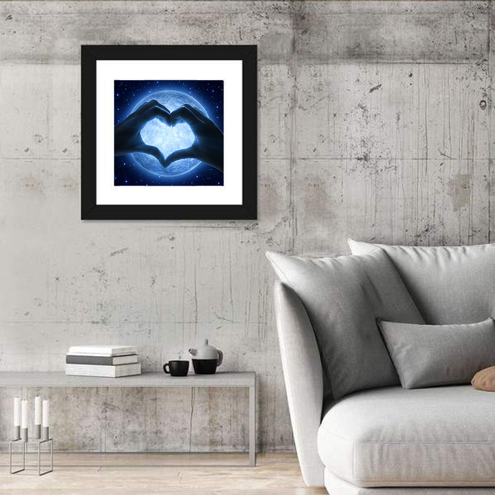 Moon Heart Silhouette Wall Art in a room, square