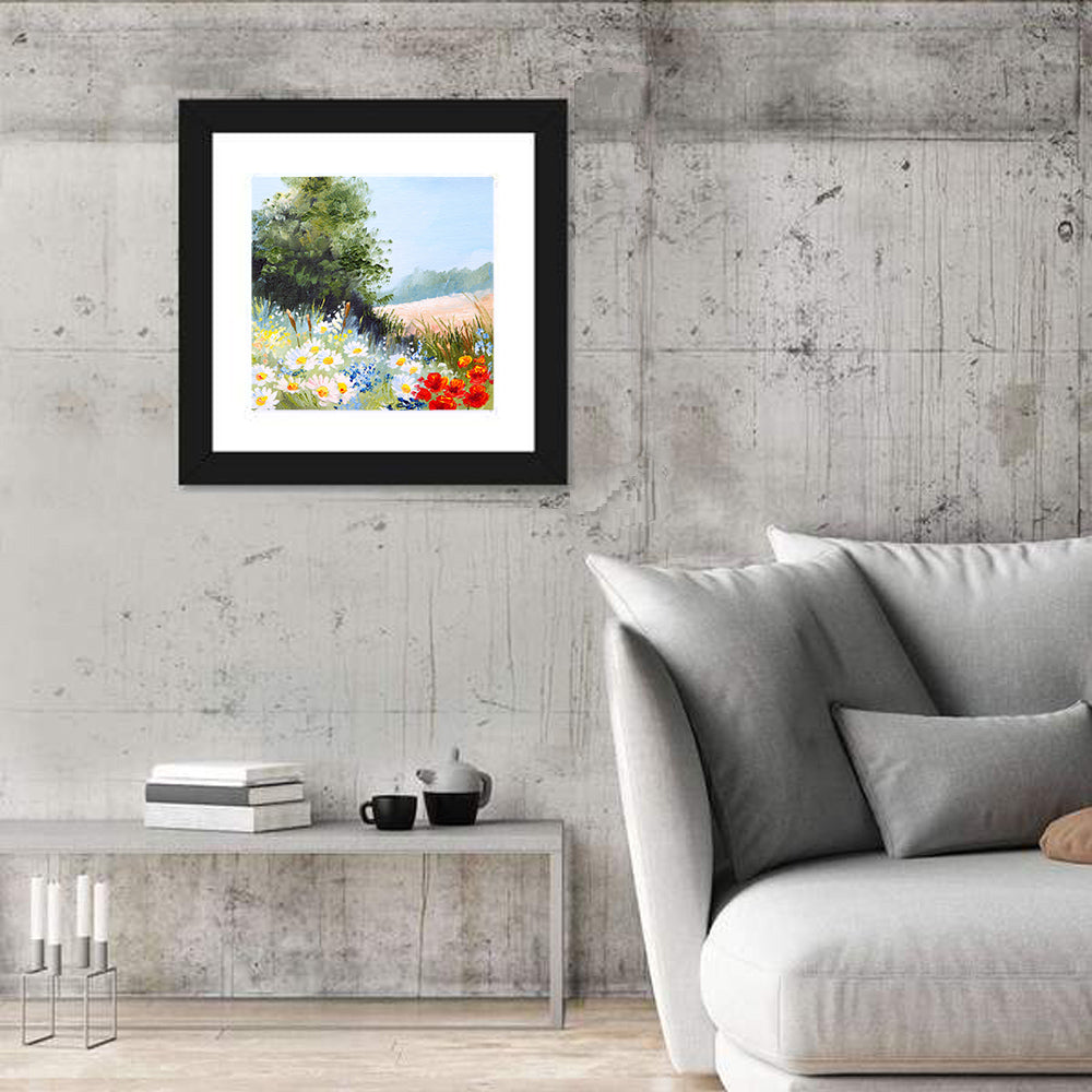 Daisy Meadow with Red Poppies Wall Art in a room, square