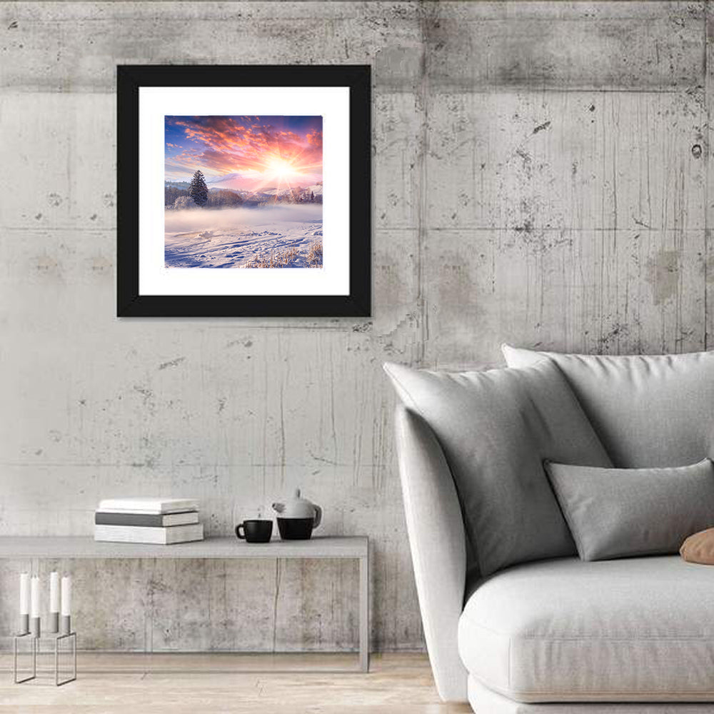 Sunrise Over Snowy Mountain Village Wall Art