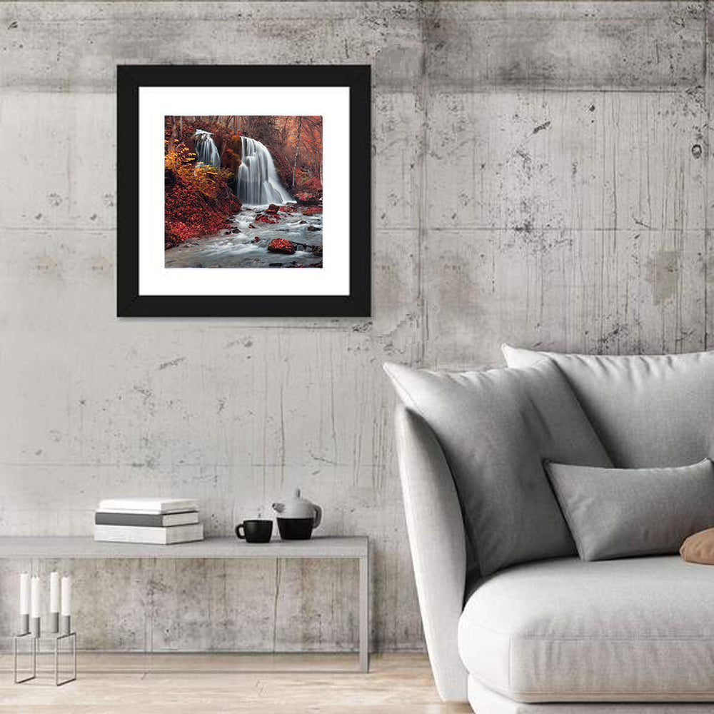 Dual Tier Autumn Forest Waterfall, Crimea Wall Art in a room, square