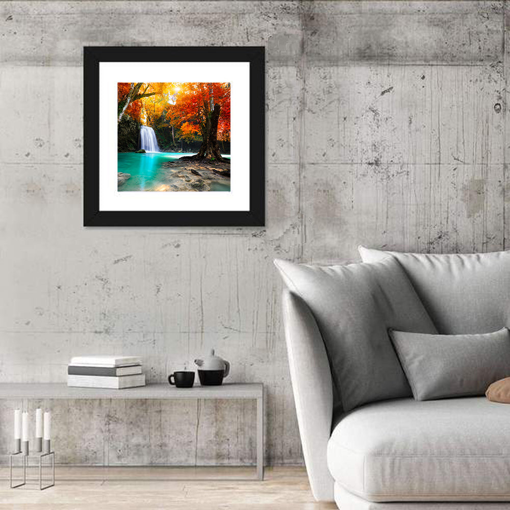 Autumn Forest Waterfall, Thailand Wall Art in a room, square