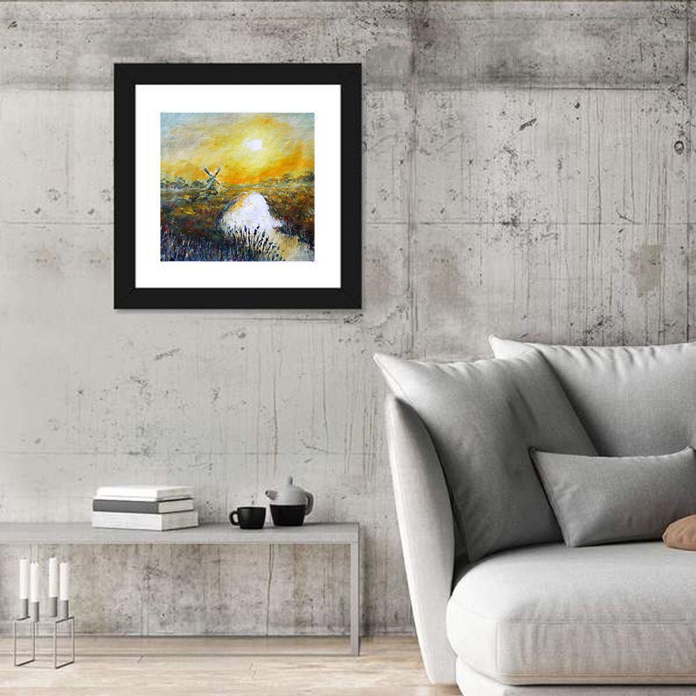 Windmill at Sunrise Over River Wall Art in a room, square