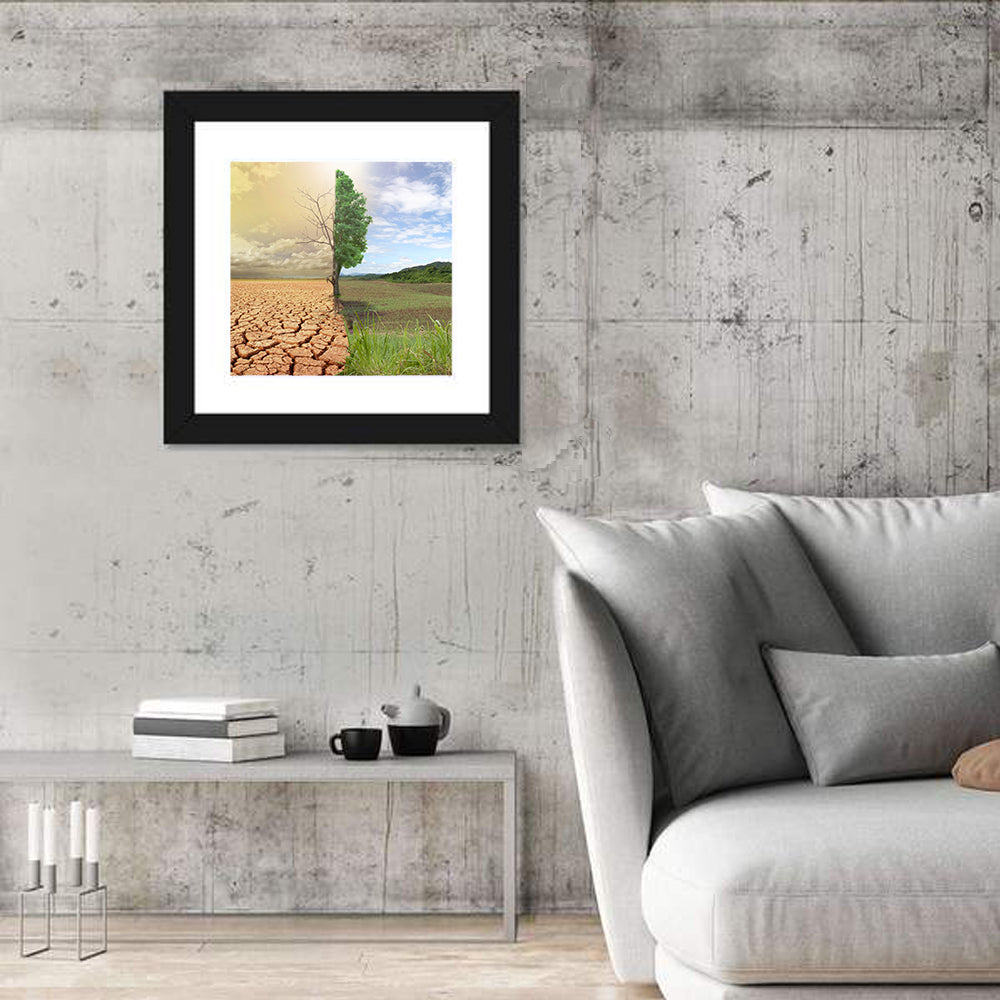 Split Landscape with Half-alive Tree Wall Art in a room, square