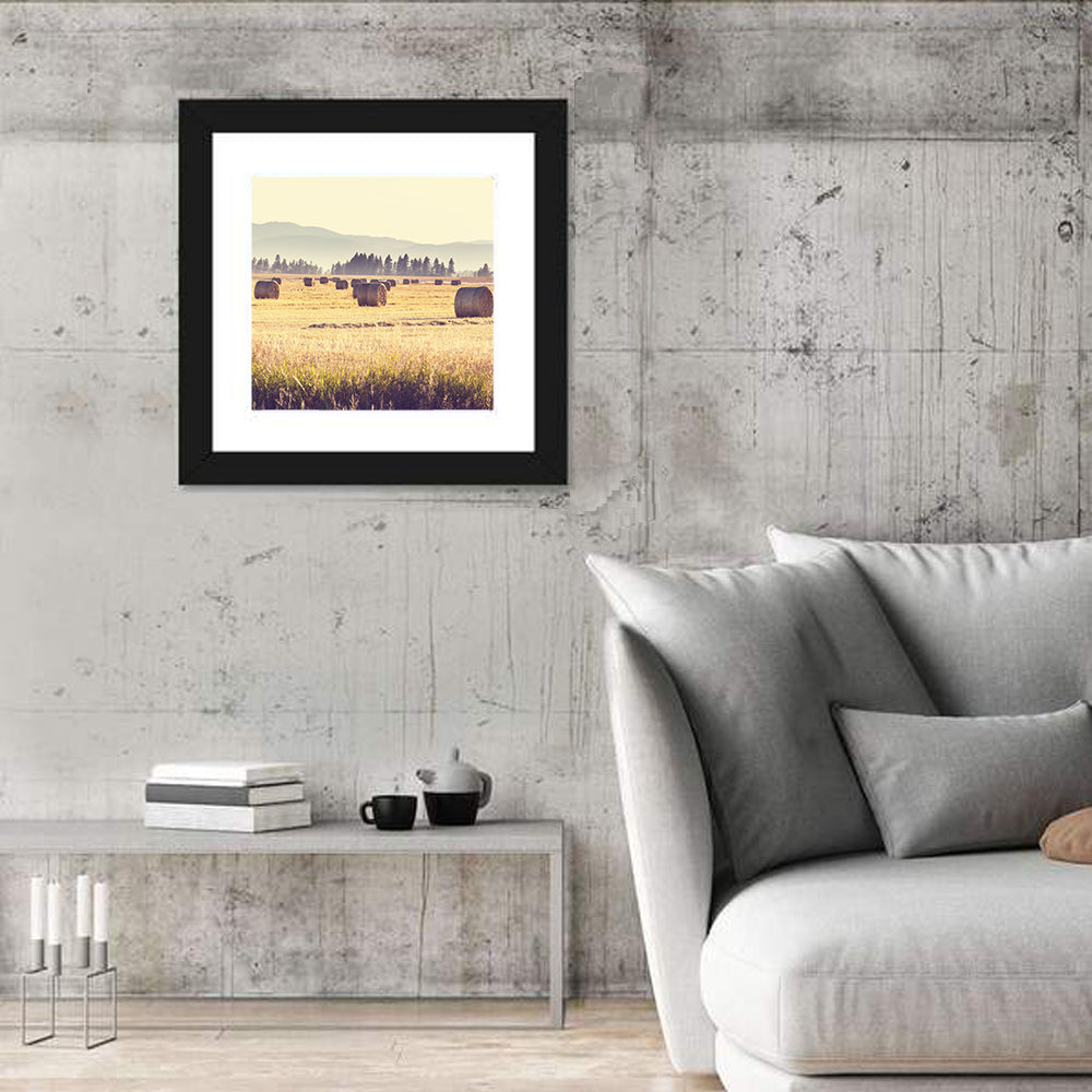 Golden Hay Bales Field Wall Art in a room, square