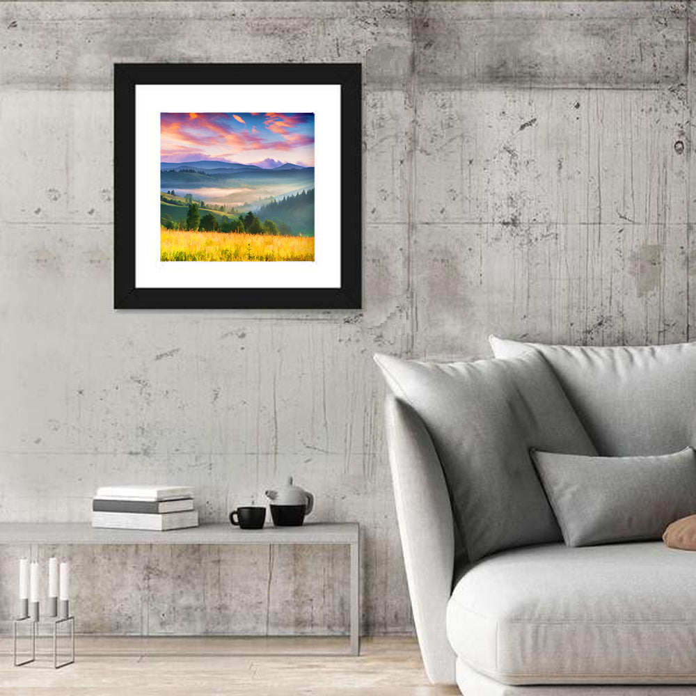 Sunrise Mist Over Mountain Meadow Wall Art in a room, square