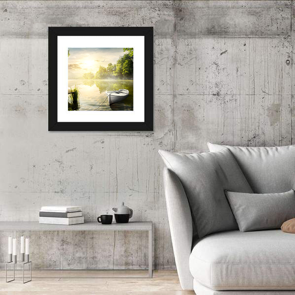 Rowboat at Misty Dock Wall Art in a room, square