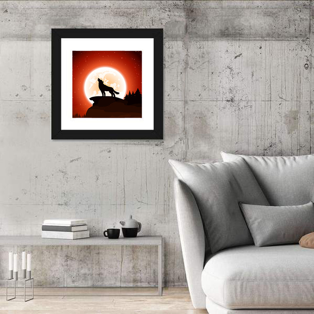 Howling Wolf Under Full Moon Wall Art in a room, square