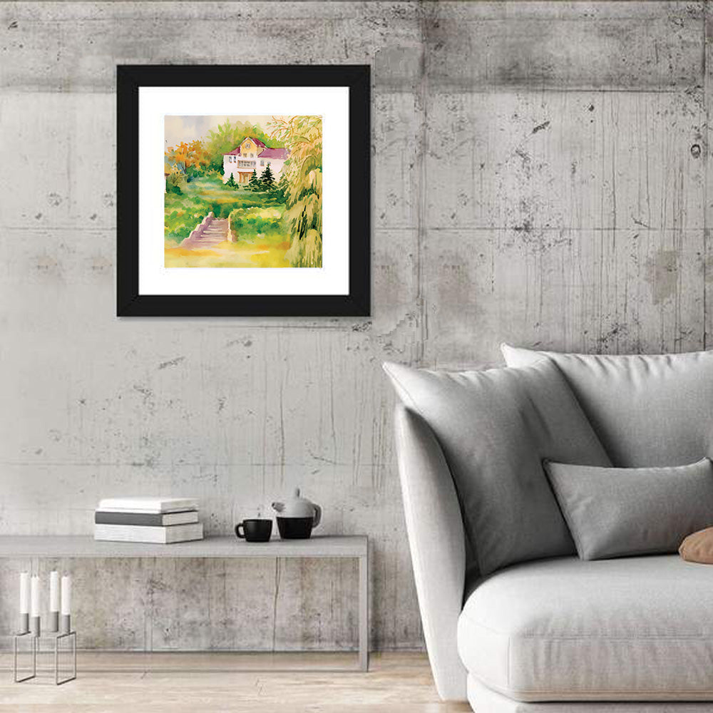 Hilltop House in Garden Illustration Wall Art