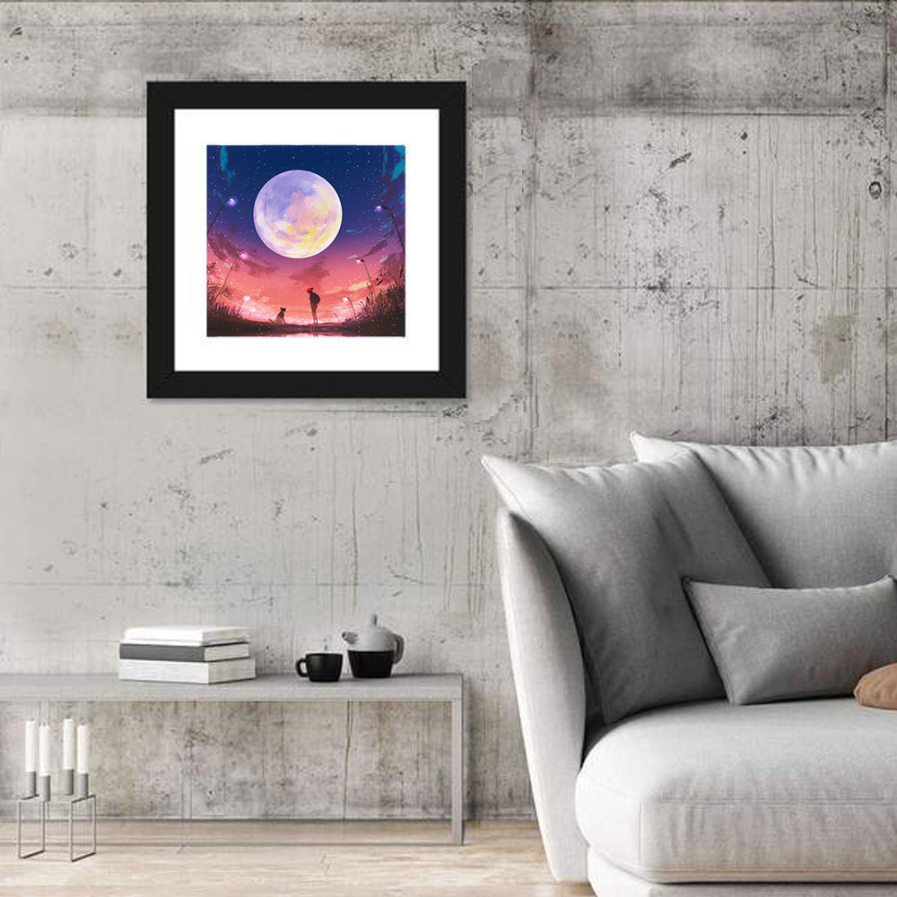 Woman and Dog Beneath Oversized Moon Wall Art
