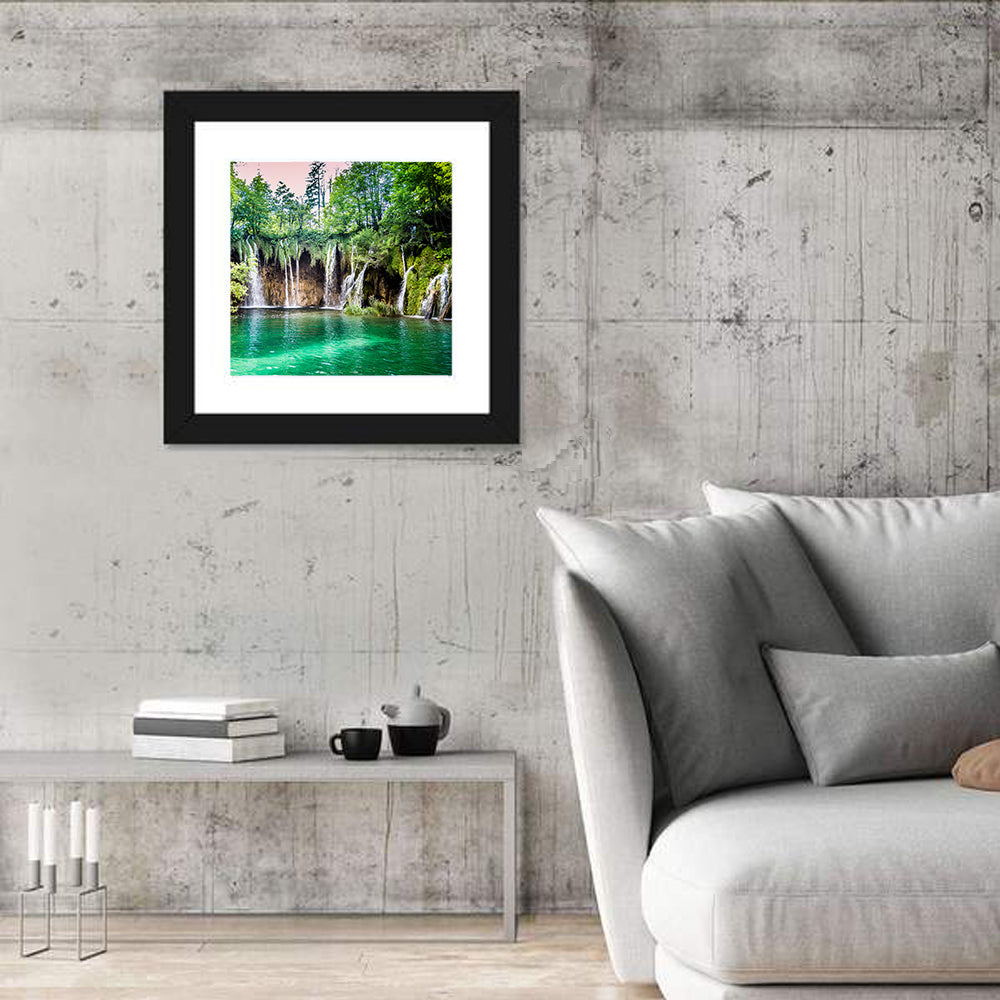 Plitvice Lakes Waterfalls Wall Art in a room, square