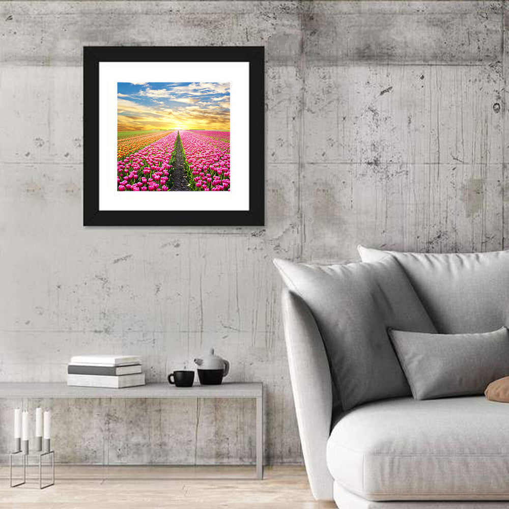 Sunrise Over Tulip Field Wall Art in a room, square
