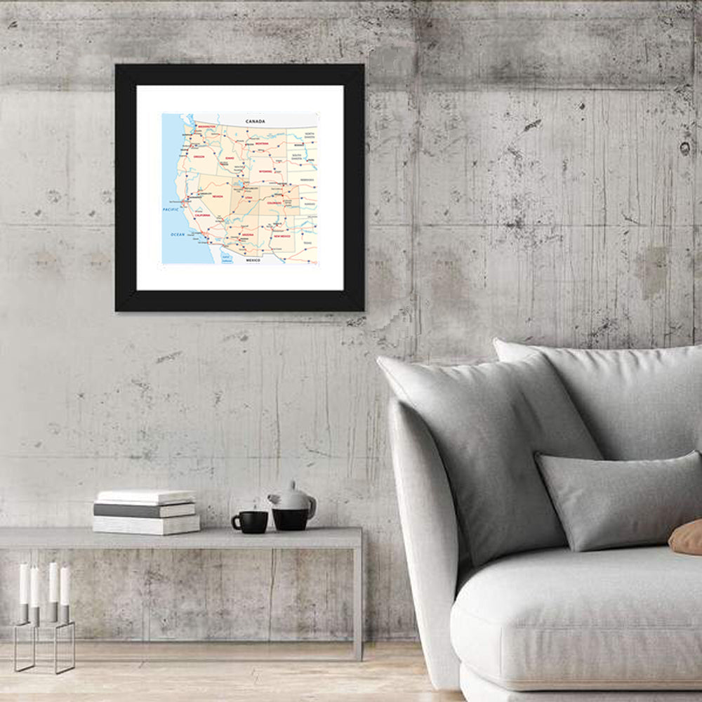 Western United States Map Wall Art in a room, square
