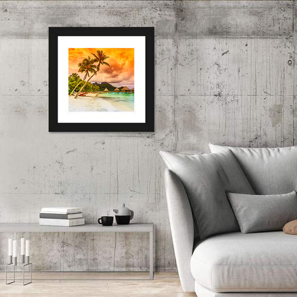 Bora Bora Overwater Bungalows at Sunset Wall Art