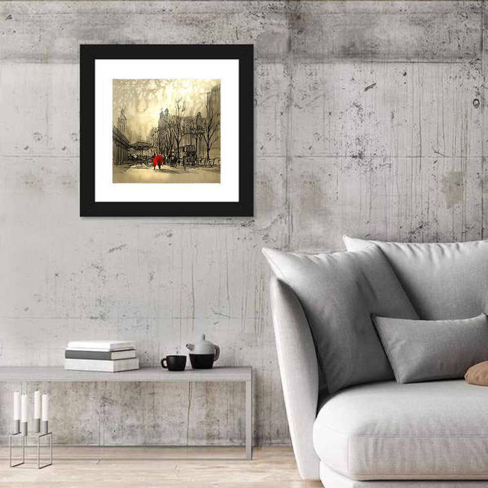 Couple in Red Coats on City Street Wall Art