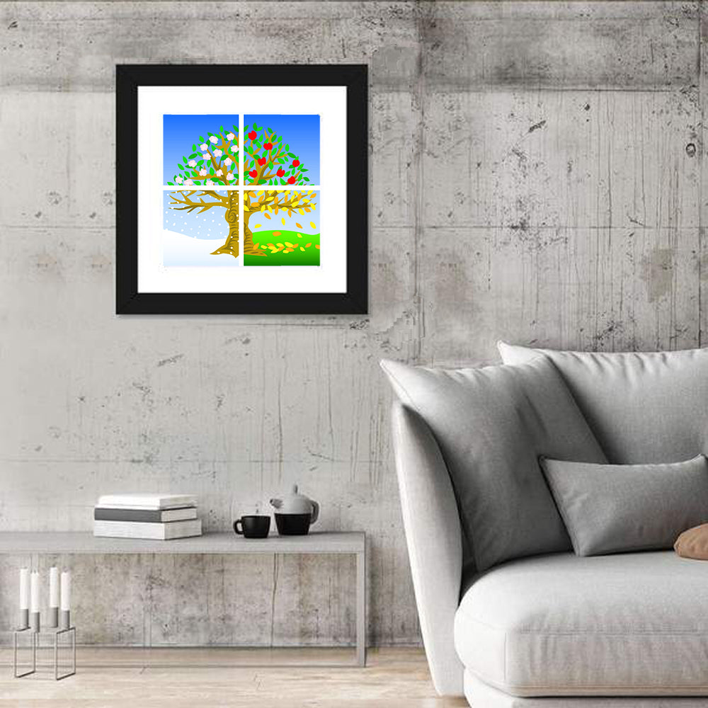 Four Seasons Tree Illustration Wall Art in a room, square