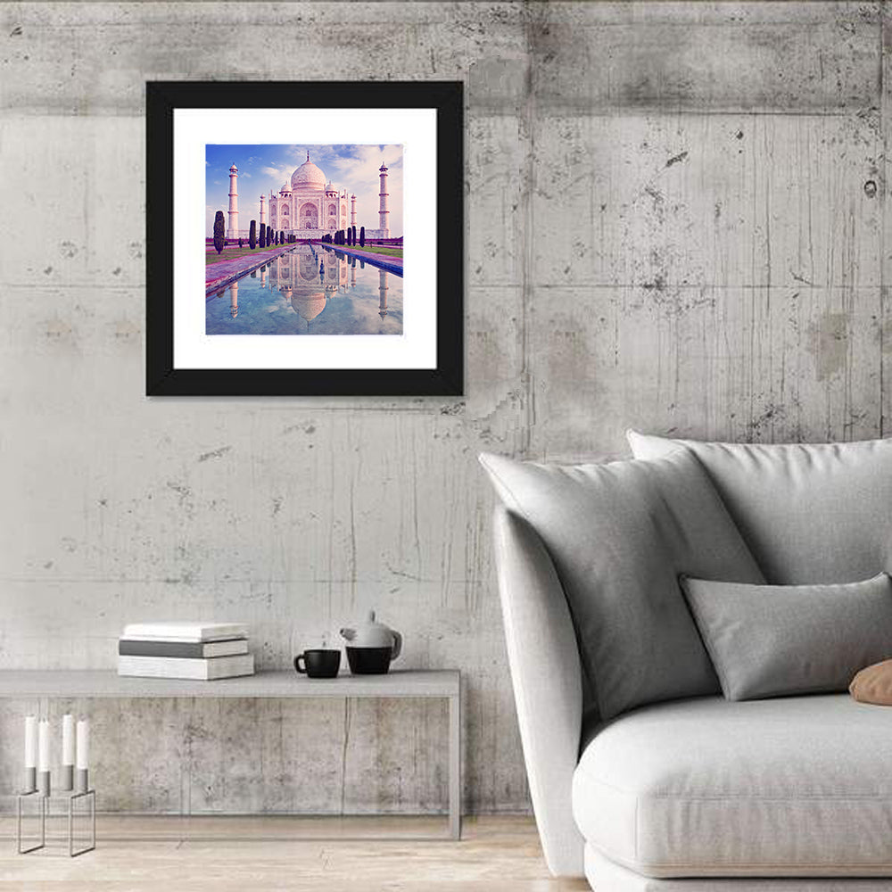 Taj Mahal Sunrise Reflection Wall Art in a room, square