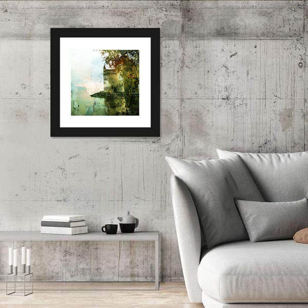 Chillon Castle Reflection Wall Art in a room, square