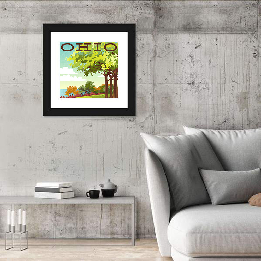 Retro Ohio Travel Illustration Wall Art in a room, square