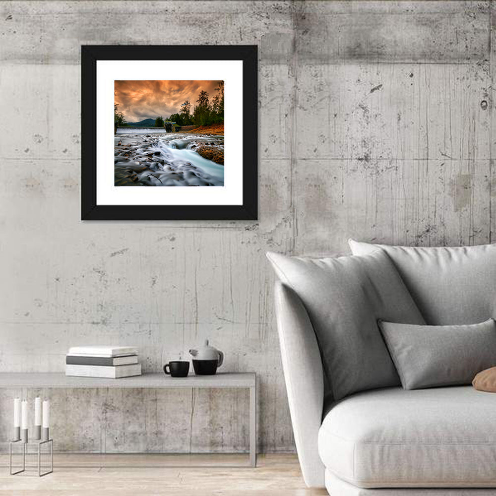 Mentawa Dam at Dusk Wall Art in a room, square