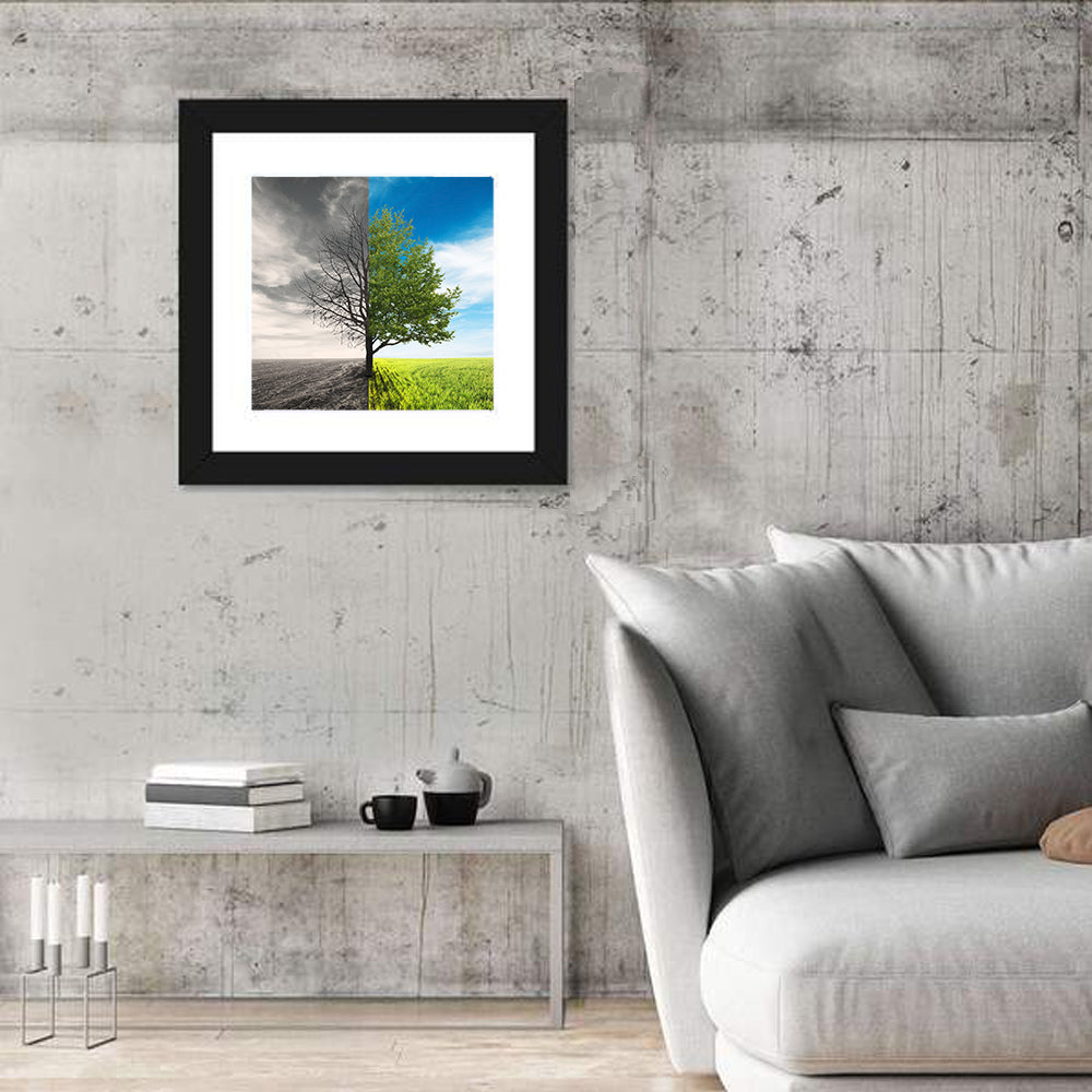 Split Tree in Field Wall Art in a room, square