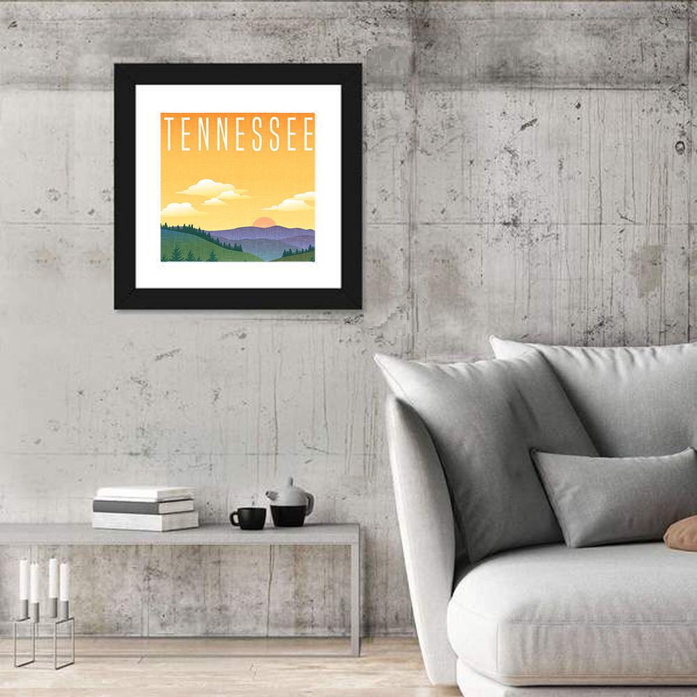 Tennessee Sunset Travel Illustration Wall Art in a room, square