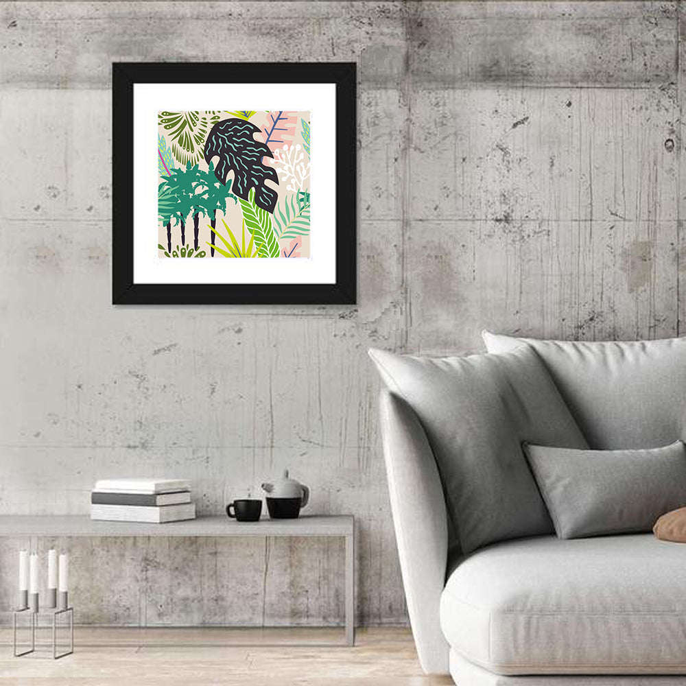 Leaves and Palm Trees Abstract Wall Art in a room, square