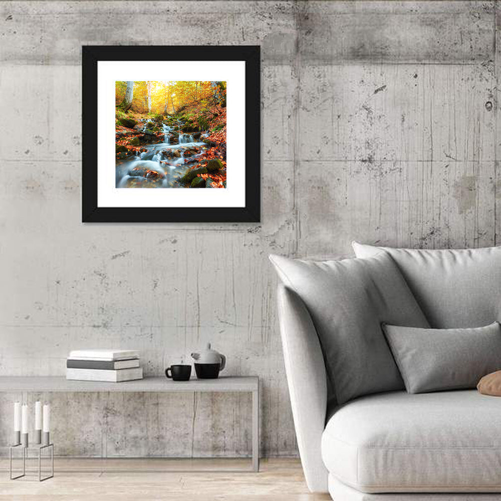 Backlit Autumn Forest Stream Wall Art in a room, square
