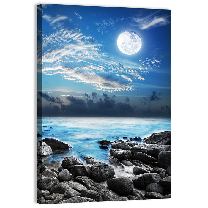 Moonlit Tropical Bay with Rocky Coast Wall Art as a canvas print
